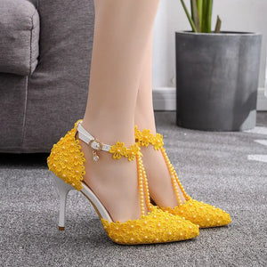 New Women Summer Ssandals Ladies Beading Lace Flowers Shoes Female Casual Sandals Comfortable Woman Thin High Heels H0160