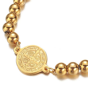 Catholic San Benito Exorcism Cross Medallion Beads Chain Bracelets For Men Women Stainless Steel Jewelry