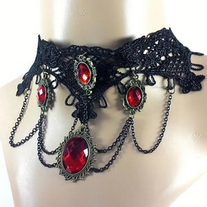 Victorian Gothic Halloween Red Rhinestone Charms Vampire Maxi Necklace Choker Fashion  Cocktail Evening Party Dress Jewelry