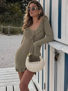TARUXY Knitted Ruffled Long Sleeve Dress Women's Slim V Neck Holiday Mini Dress Elegant Solid Splice 2024 Atumn Fashion Clothes
