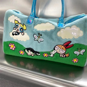 Cute The Powerpuff Girls Plush Bag Lovely Shoulder Bag Cartoon Anime Blossom Bubbles Luggage Bag High-capacity Xmas Gifts Girl
