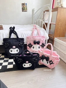 Sanrio Cute Lolita Kuromi My Melody Handbag Plush Bag Lovely Janpaese Style Shoulder Bag For Girl Student Black High-capacity