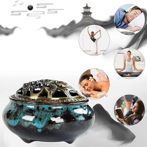 Incense Burner with Lid Hollow Top Censer Holder Heat Resistance Incense Tower Ice Crack Pattern Peaceful Mind Censer Burner