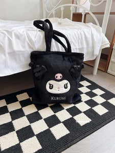 Sanrio Cute Lolita Kuromi My Melody Handbag Plush Bag Lovely Janpaese Style Shoulder Bag For Girl Student Black High-capacity
