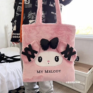 Sanrio Cute Lolita Kuromi My Melody Handbag Plush Bag Lovely Janpaese Style Shoulder Bag For Girl Student Black High-capacity