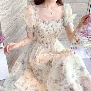 Party Dress Summer New Casual Floral Print Clothing Holiday Vestidos Elegant Sweet Short Sleeve Chiffon Long Dress 20044