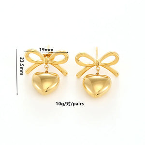 Minimalist Smooth Bow Heart Pendant Earrings for Women Attractive Romantic Love Stud Earring Fashion Daily Jewelry Gift 2024 New