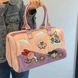 Cute The Powerpuff Girls Plush Bag Lovely Shoulder Bag Cartoon Anime Blossom Bubbles Luggage Bag High-capacity Xmas Gifts Girl