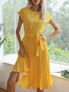 Benuynffy O-Neck Polka Dot Summer Dresses 2024 Cap Sleeve Women Knee Length Shirred Elegant Office Lady Belted A-Line Dress