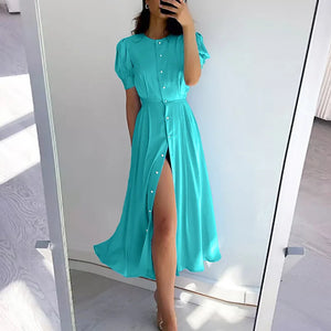 Solid Color Pearl Single-breasted Cardigan Dresses Women Princess Short Sleeve Dress Summer Female High Waist Pleated Hem Frock