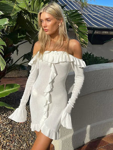 TARUXY Knitted Ruffled Long Sleeve Dress Women's Slim V Neck Holiday Mini Dress Elegant Solid Splice 2024 Atumn Fashion Clothes
