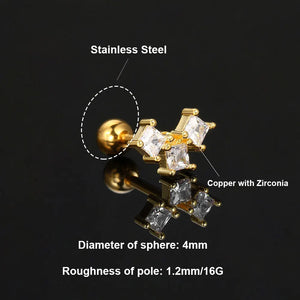 Stainless Steel Piercing Ear Helix Rook Tragus Snug Lobe Flat Earring for Women Zircon Piercing Drop Earring Matching Jewelry