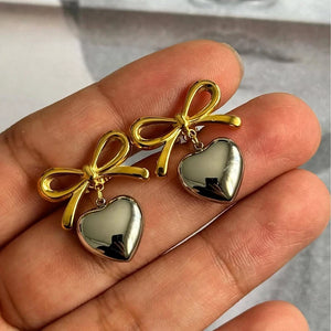 Minimalist Smooth Bow Heart Pendant Earrings for Women Attractive Romantic Love Stud Earring Fashion Daily Jewelry Gift 2024 New