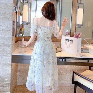 Party Dress Summer New Casual Floral Print Clothing Holiday Vestidos Elegant Sweet Short Sleeve Chiffon Long Dress 20044