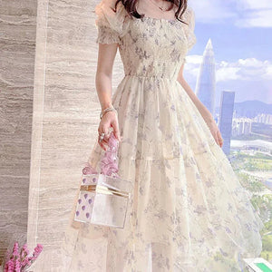 Party Dress Summer New Casual Floral Print Clothing Holiday Vestidos Elegant Sweet Short Sleeve Chiffon Long Dress 20044