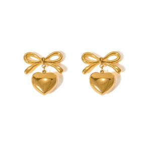 Minimalist Smooth Bow Heart Pendant Earrings for Women Attractive Romantic Love Stud Earring Fashion Daily Jewelry Gift 2024 New