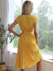 Benuynffy O-Neck Polka Dot Summer Dresses 2024 Cap Sleeve Women Knee Length Shirred Elegant Office Lady Belted A-Line Dress