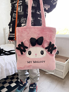Sanrio Cute Lolita Kuromi My Melody Handbag Plush Bag Lovely Janpaese Style Shoulder Bag For Girl Student Black High-capacity