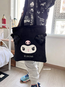 Sanrio Cute Lolita Kuromi My Melody Handbag Plush Bag Lovely Janpaese Style Shoulder Bag For Girl Student Black High-capacity