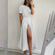 Solid Color Pearl Single-breasted Cardigan Dresses Women Princess Short Sleeve Dress Summer Female High Waist Pleated Hem Frock