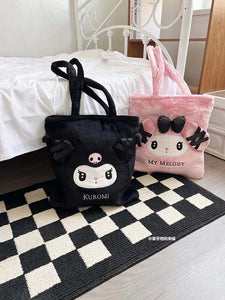 Sanrio Cute Lolita Kuromi My Melody Handbag Plush Bag Lovely Janpaese Style Shoulder Bag For Girl Student Black High-capacity