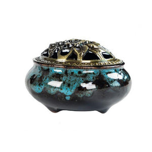 Incense Burner with Lid Hollow Top Censer Holder Heat Resistance Incense Tower Ice Crack Pattern Peaceful Mind Censer Burner