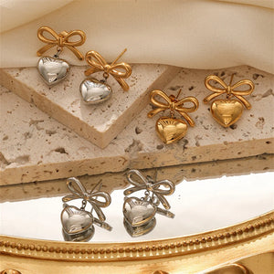 Minimalist Smooth Bow Heart Pendant Earrings for Women Attractive Romantic Love Stud Earring Fashion Daily Jewelry Gift 2024 New