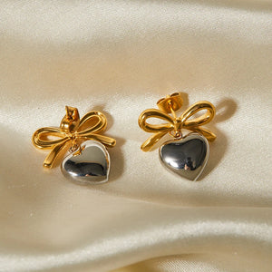 Minimalist Smooth Bow Heart Pendant Earrings for Women Attractive Romantic Love Stud Earring Fashion Daily Jewelry Gift 2024 New
