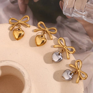 Minimalist Smooth Bow Heart Pendant Earrings for Women Attractive Romantic Love Stud Earring Fashion Daily Jewelry Gift 2024 New