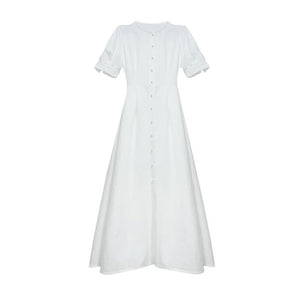 Solid Color Pearl Single-breasted Cardigan Dresses Women Princess Short Sleeve Dress Summer Female High Waist Pleated Hem Frock