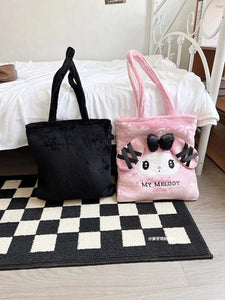 Sanrio Cute Lolita Kuromi My Melody Handbag Plush Bag Lovely Janpaese Style Shoulder Bag For Girl Student Black High-capacity