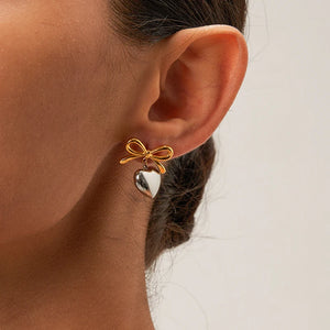Minimalist Smooth Bow Heart Pendant Earrings for Women Attractive Romantic Love Stud Earring Fashion Daily Jewelry Gift 2024 New