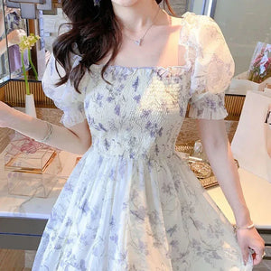 Party Dress Summer New Casual Floral Print Clothing Holiday Vestidos Elegant Sweet Short Sleeve Chiffon Long Dress 20044