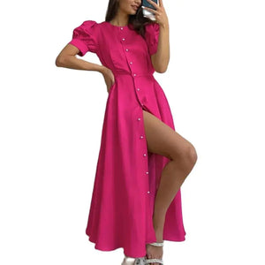 Solid Color Pearl Single-breasted Cardigan Dresses Women Princess Short Sleeve Dress Summer Female High Waist Pleated Hem Frock