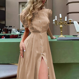 Solid Color Pearl Single-breasted Cardigan Dresses Women Princess Short Sleeve Dress Summer Female High Waist Pleated Hem Frock